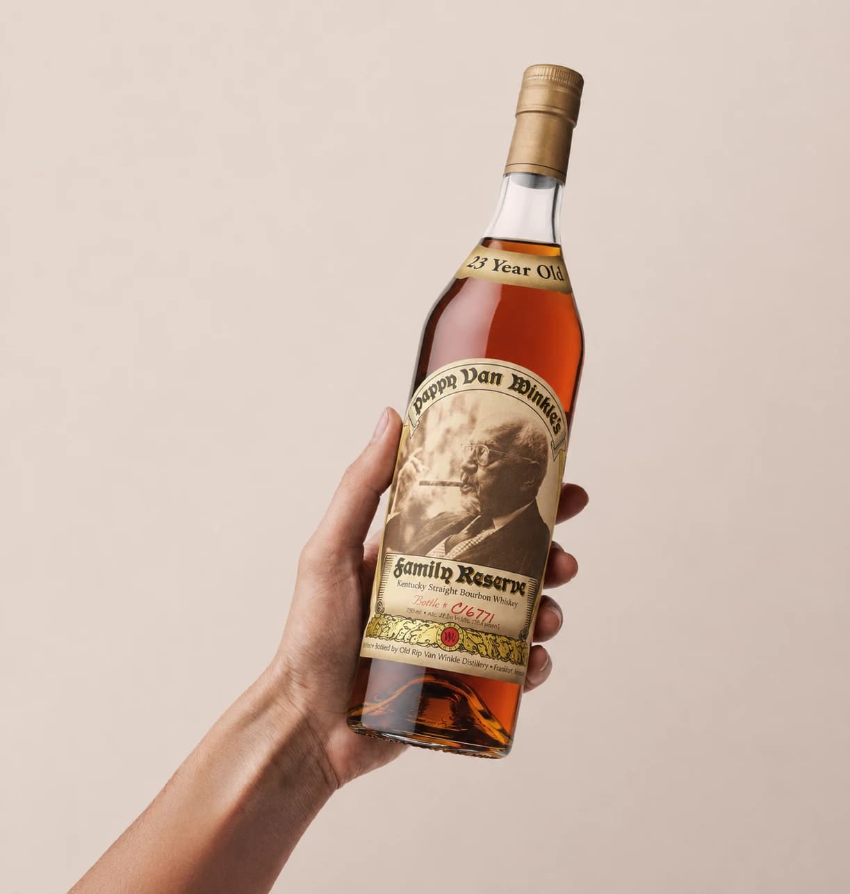 A bottle of Pappy Van Winkle's Family Reserve 23 Year, bottle number C16771, held up after acquisition