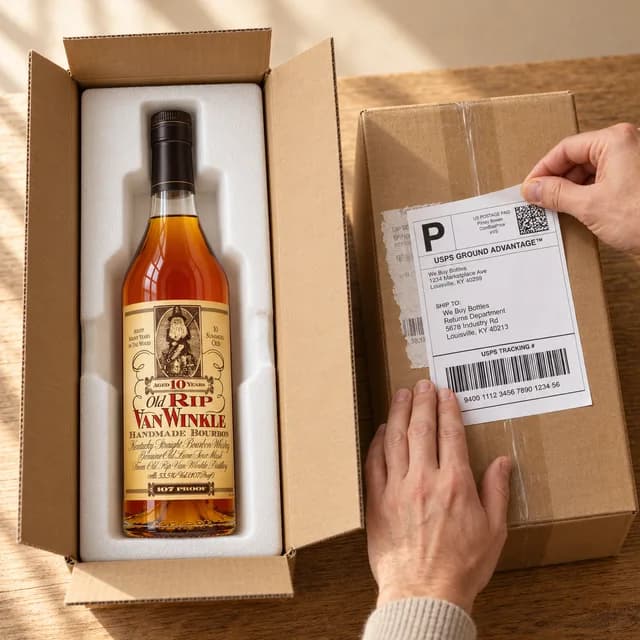 A bottle seated in its foam protector, and hands pressing the return label onto the taped box