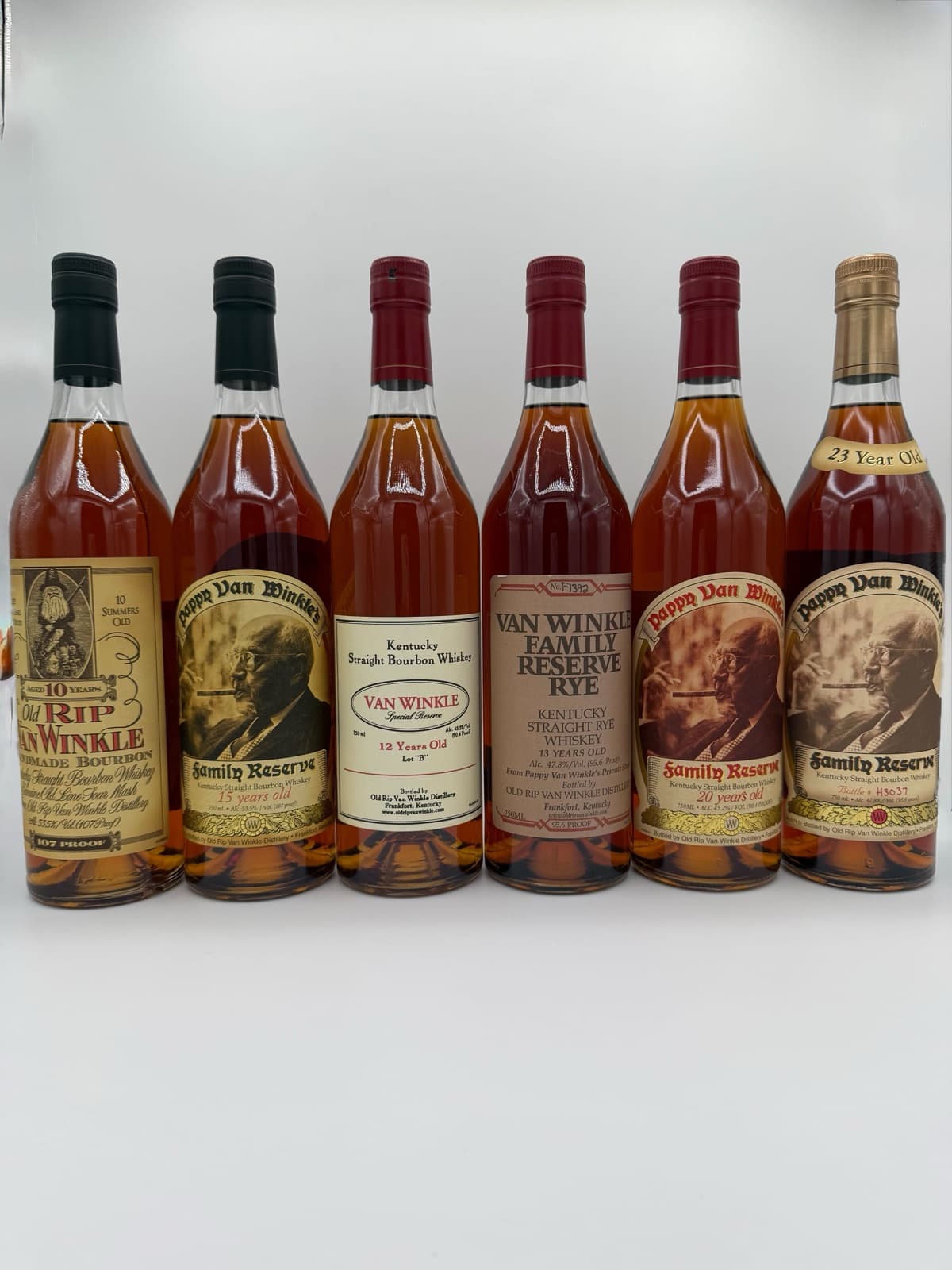Six bottles spanning the Van Winkle lineup, photographed after acquisition